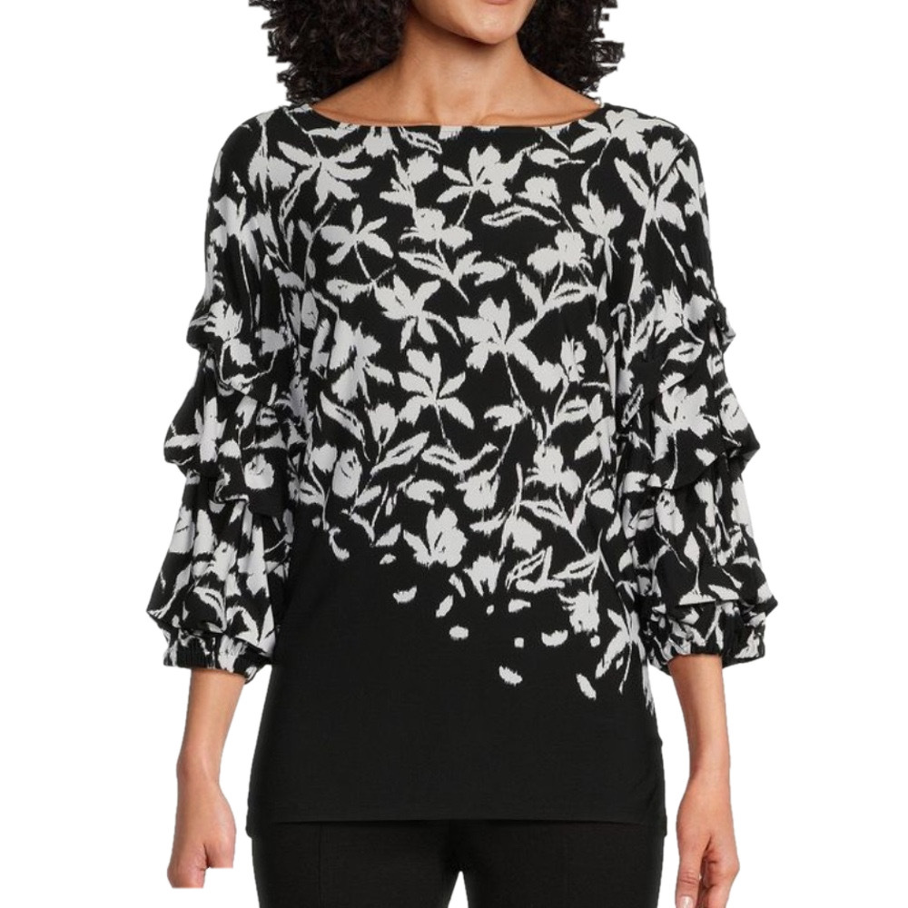 Investments Black and White Floral Ruffle Sleeve Top. XL